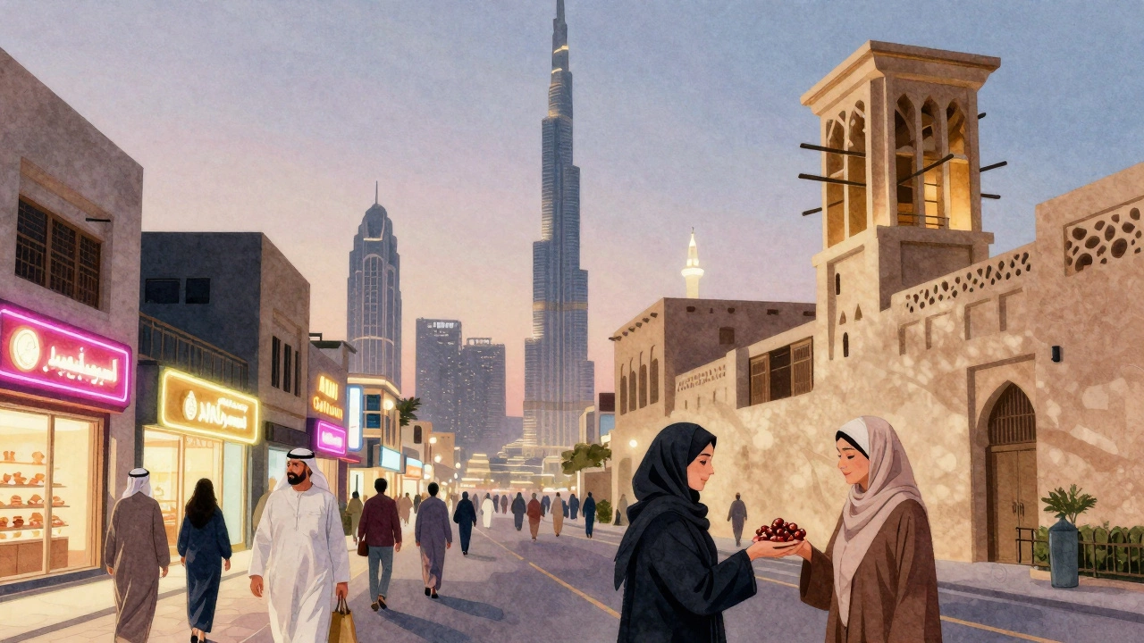 A diverse crowd walks through a Dubai street at dusk, blending modern malls with traditional architecture under a glowing skyline.