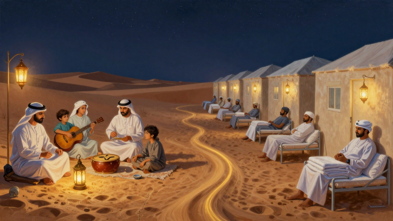 A split scene showing an Emirati Eid celebration in the desert and workers resting in a dormitory, connected by flowing sand.